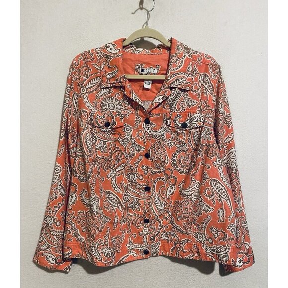 Carole Little Jacket Womens 2X Pink Brown Paisley Linen Metal Buttons Western - Picture 1 of 5